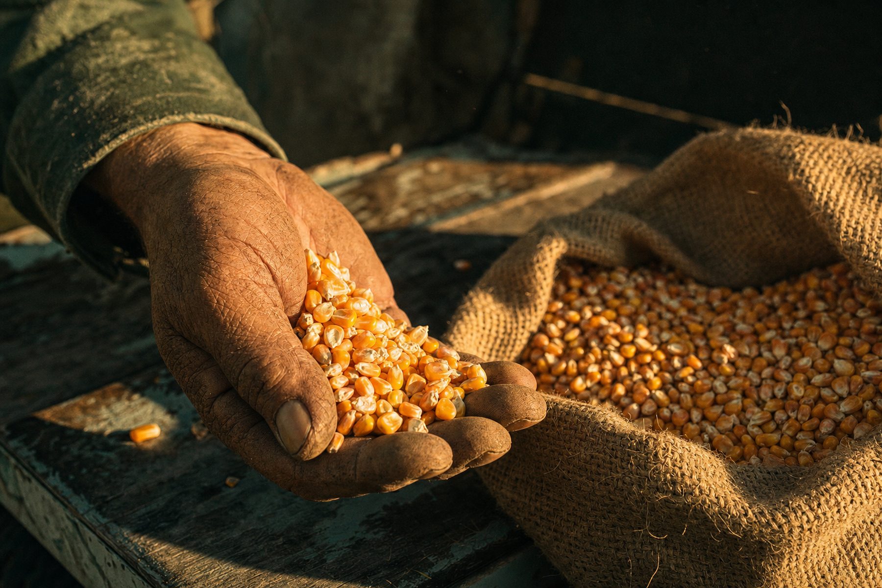A farmer's hand holding golden corn seed beside a burlap seed sack